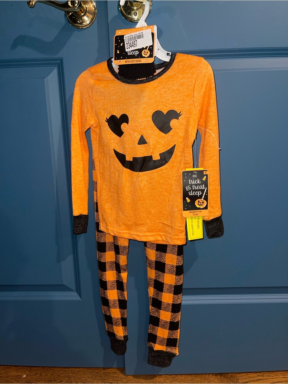 Girls 3 piece 4T Halloween Pumpkin Face Pajama Set - Orange & Black Plaid